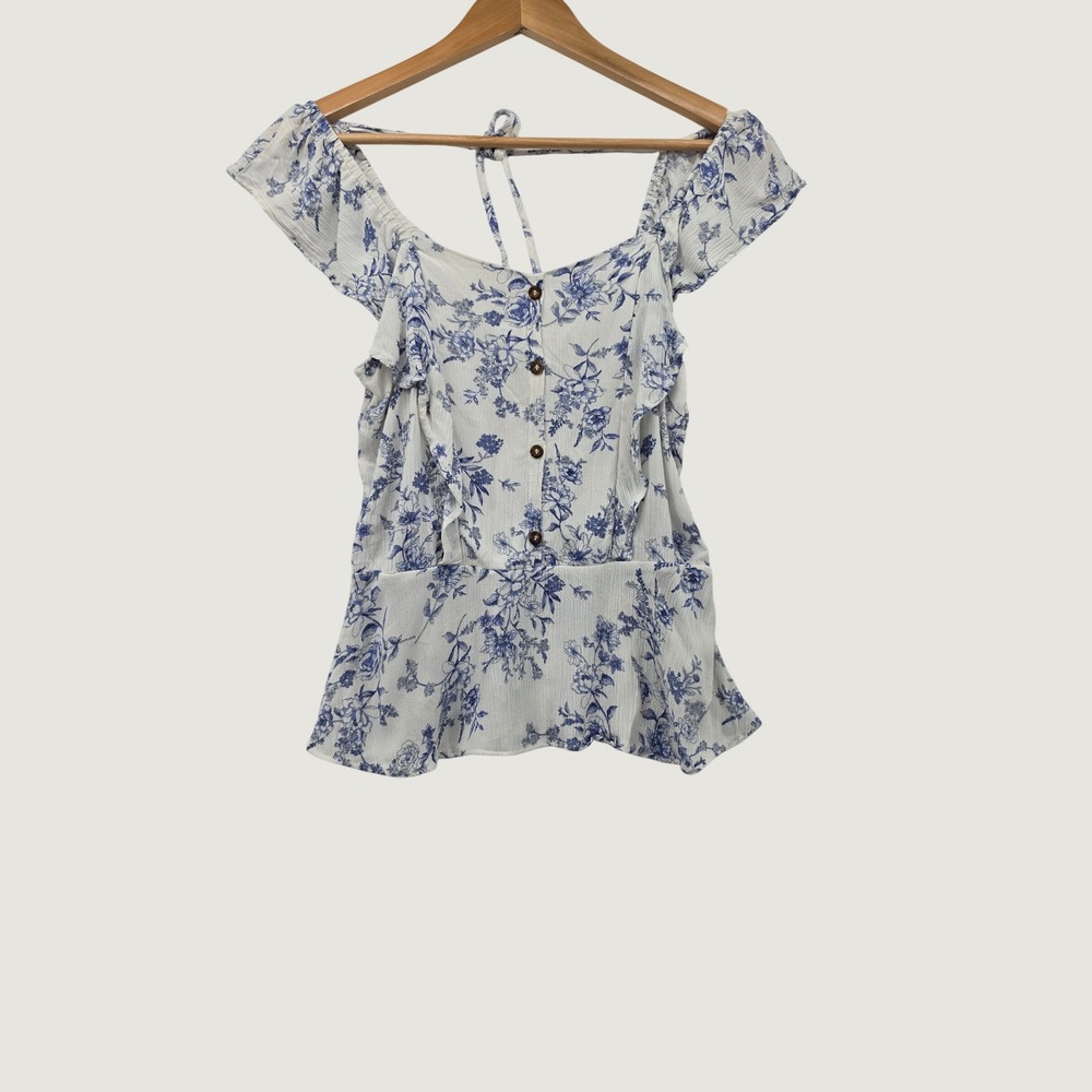 Moa Moa Floral Peplum Top Blue White Ruffle Button Blouse Medium Cottagecore